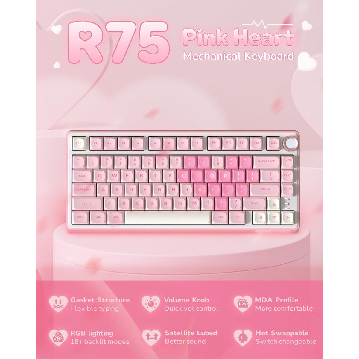 Royal Kludge R75 QMK Single-Mode RGB 81 Keys Hot-Swappable Mechanical Keyboard Pink Melody