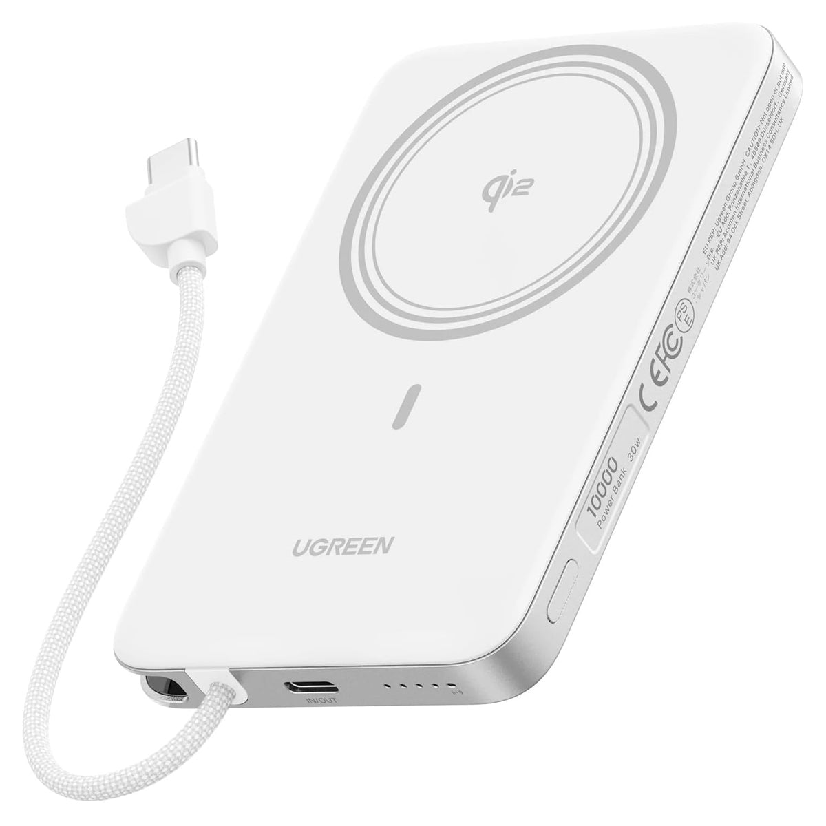 Ugreen MagFlow Air 10000mAh 30W 1xUSB-C + 15W Qi2 Magnetic Wireless Fast Charging Power Bank with 30W USB-C Built-in Cable (Gray, White, Light Blue)
