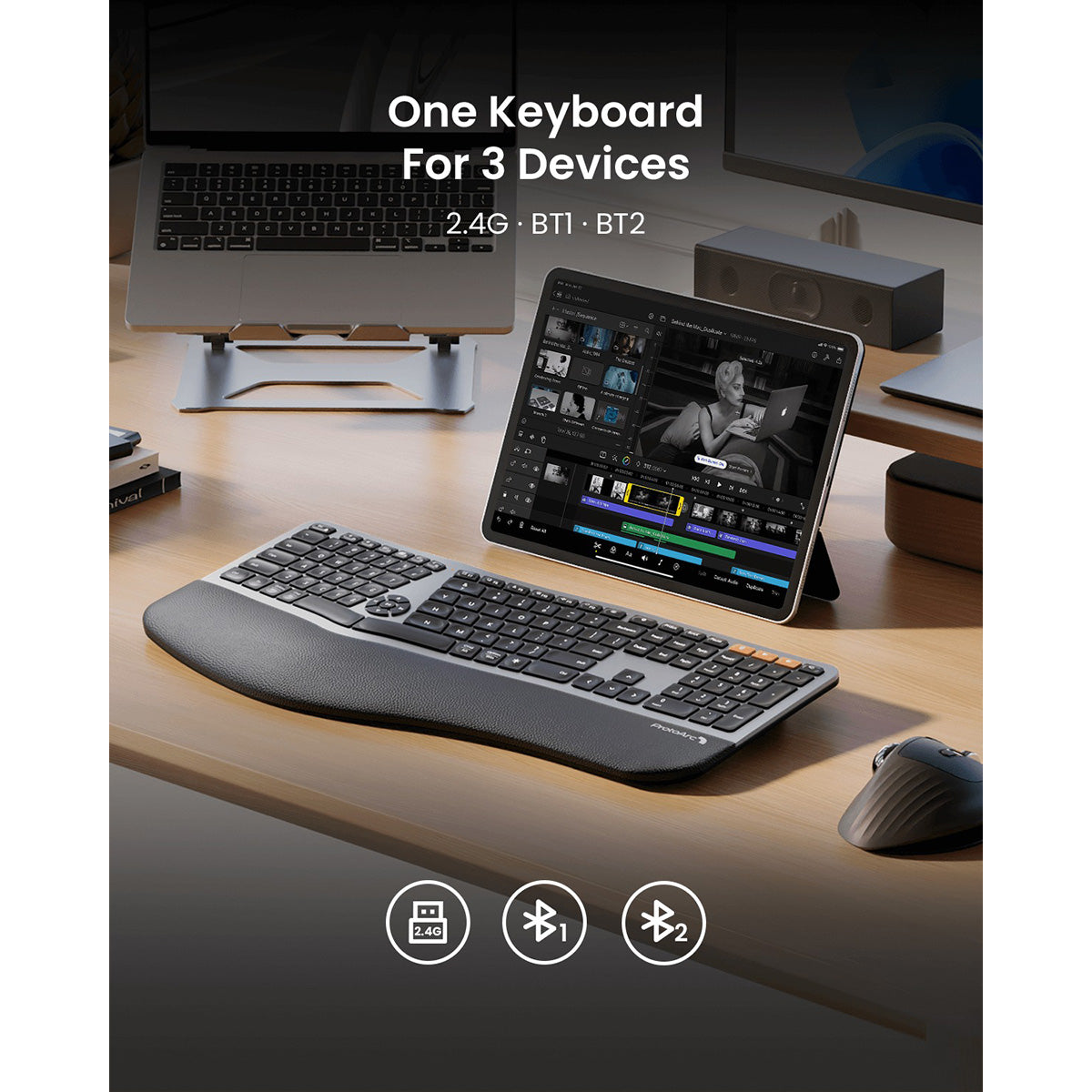 ProtoArc EK01 Plus Dual Mode Full Size Backlit Ergonomic Split Keyboard (Black/Grey) (CP013398)