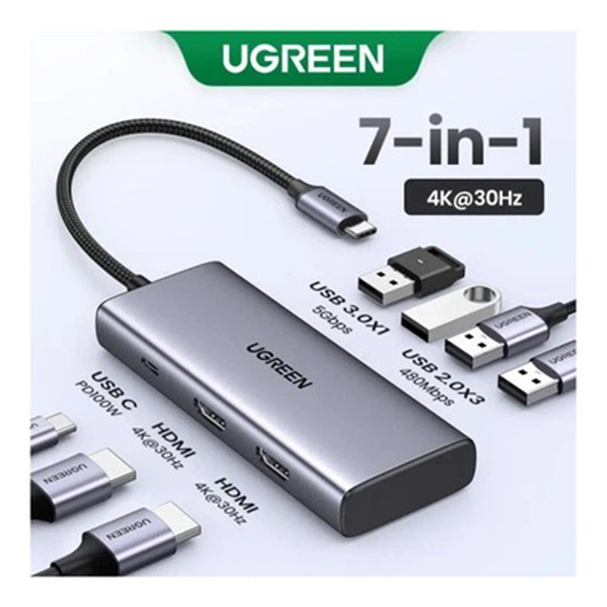 Ugreen USB-C to USB-A 3.0 + 3xUSB-A 2.0 + 2xHDMI + PD Port Converter (7-in-1) Hub - 15cm (Gray)