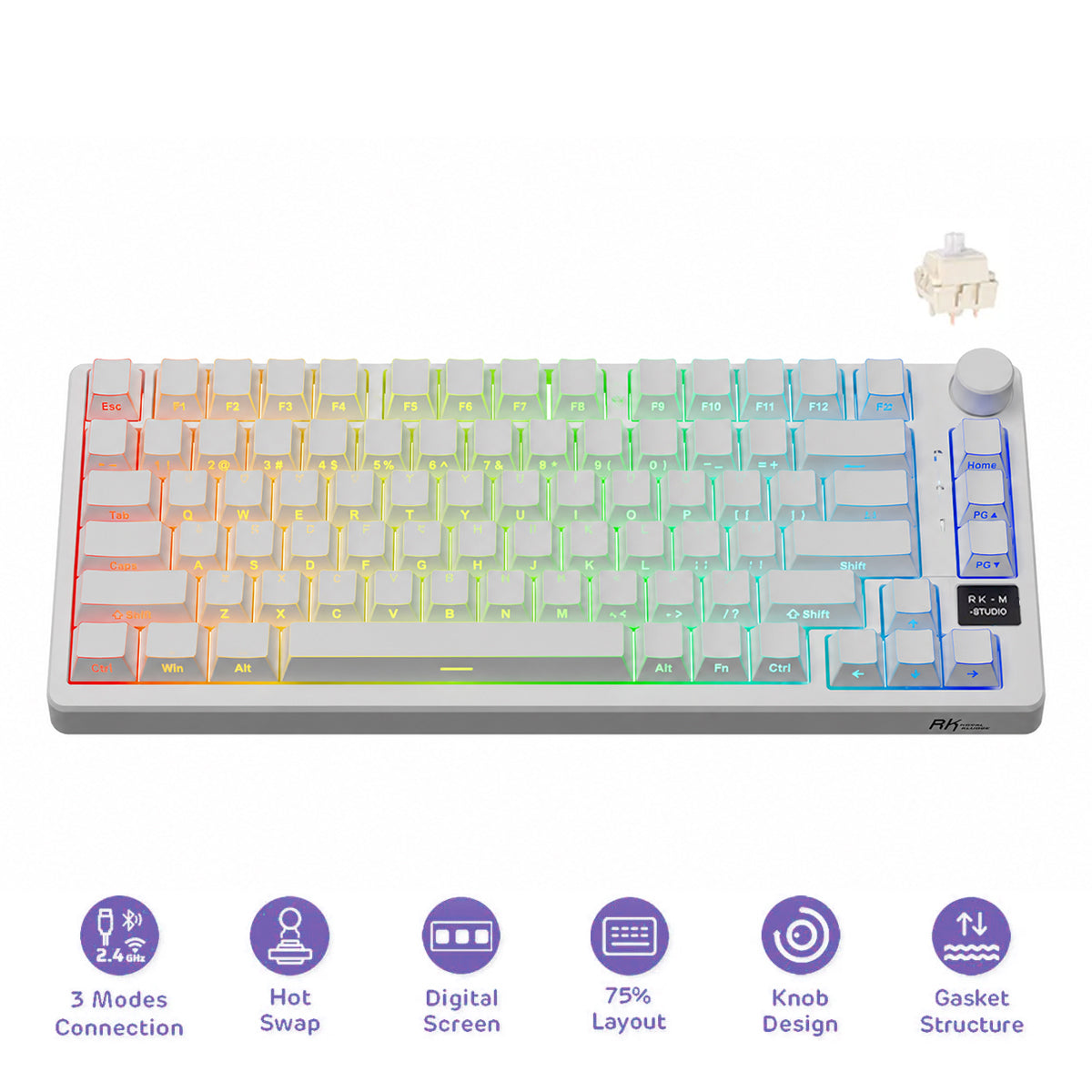 Royal Kludge RK-M75 Tri-Mode RGB 81 Keys Hot-Swappable Mechanical Keyboard Aurora (Creamy Switch)