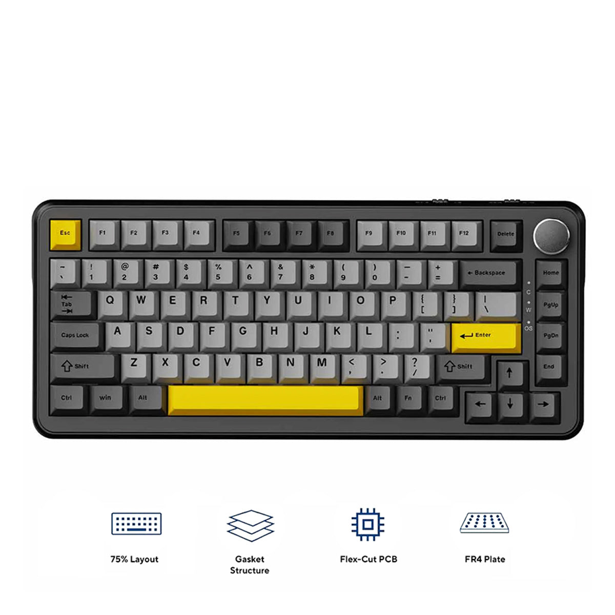 Ajazz AK820 Max RGB Wired 75% 82-Keys Gasket-mounted South Facing Hot Swappable Mechanical Keyboard Knob FR4 PCB (Black/Grey/Yellow) (Magnetic Switch)