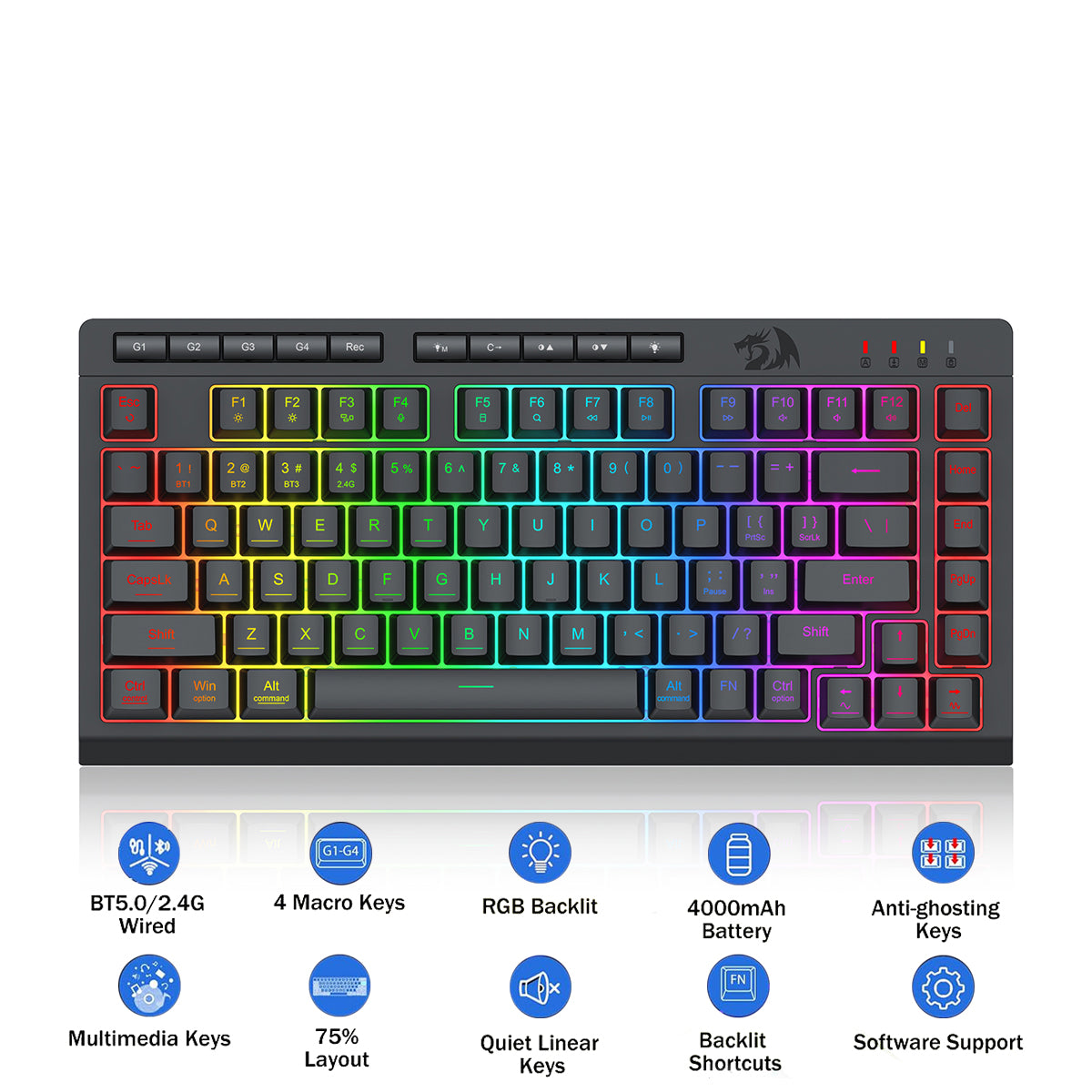 Redragon K524RGB-Pro Crescent Pro 75% Tri-Mode Gaming Keyboard with Macro Keys (Black)