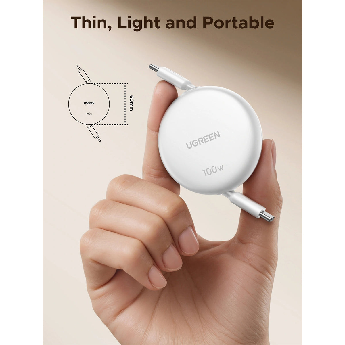 Ugreen Nexode USB-C to USB-C 100W PD Fast Charging Retractable Cable - 1m (White) (L531/95673)