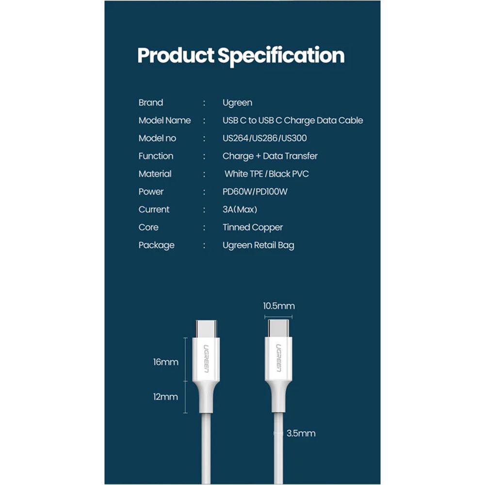 UGreen USB-C 2.0 Male To USB-C 2.0 Male 3A Data Cable - (White)