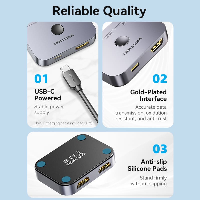 Vention 2-Port Bi-Directional 8K HDMI Switcher - Gray Aluminum Alloy Type (AKPH0)