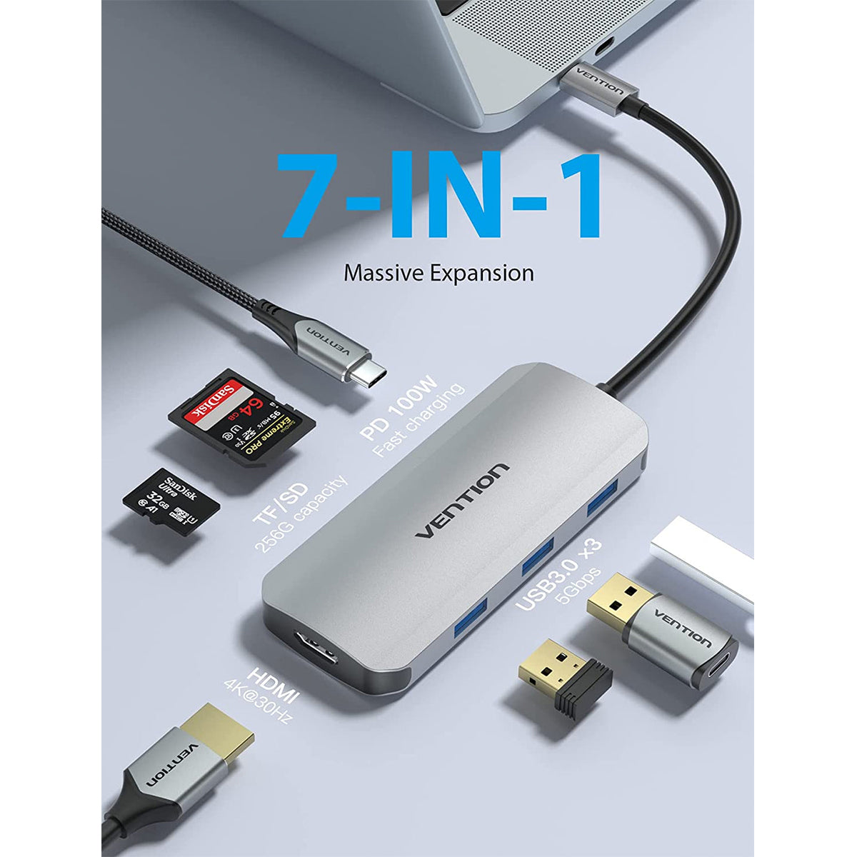Vention 7-in-1 USB-C Docking Station - USB-C to HDMI + USB 3.0 x 3 + SD + TF + PD