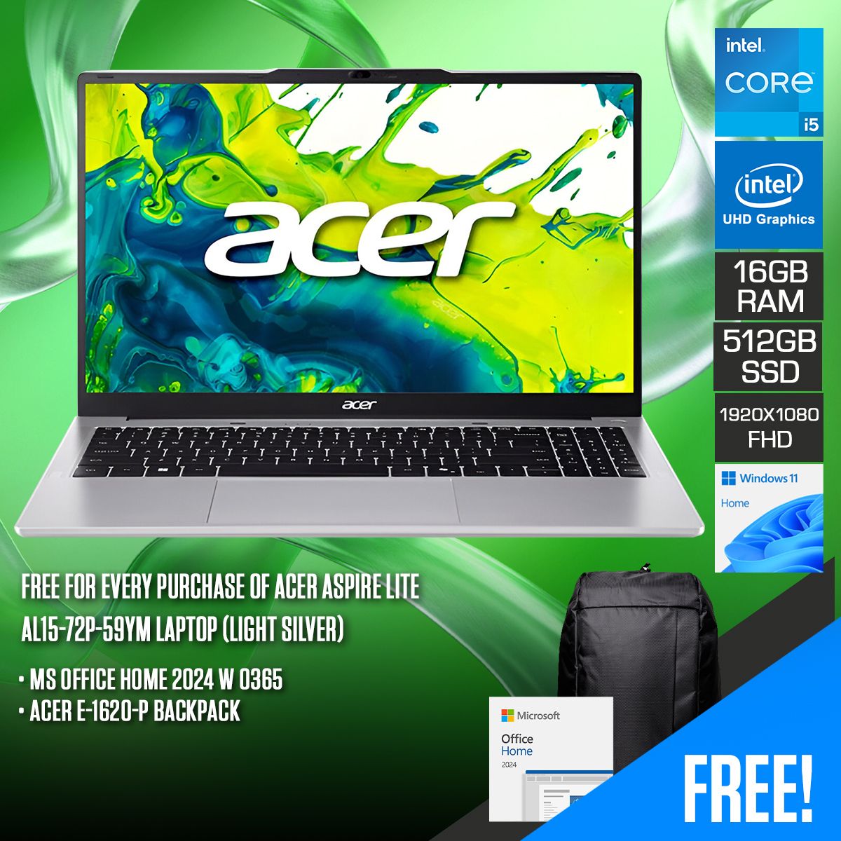 Acer Aspire Lite AL15-72P-59YM Laptop (Light Silver) FHD  (1920x1080) IPS Core i5-13500H 16GB RAM 512GB SSD Intel UHD  Graphics