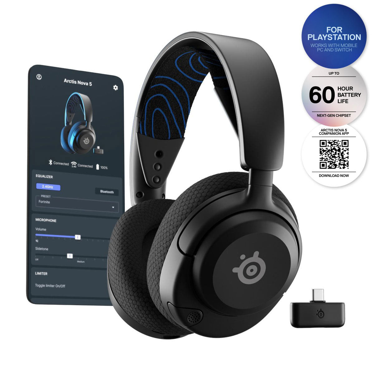 SteelSeries Arctis Nova 5P Wireless Gaming Headset For PC/PlayStation/N-Switch/Mobile (Black) (61673)