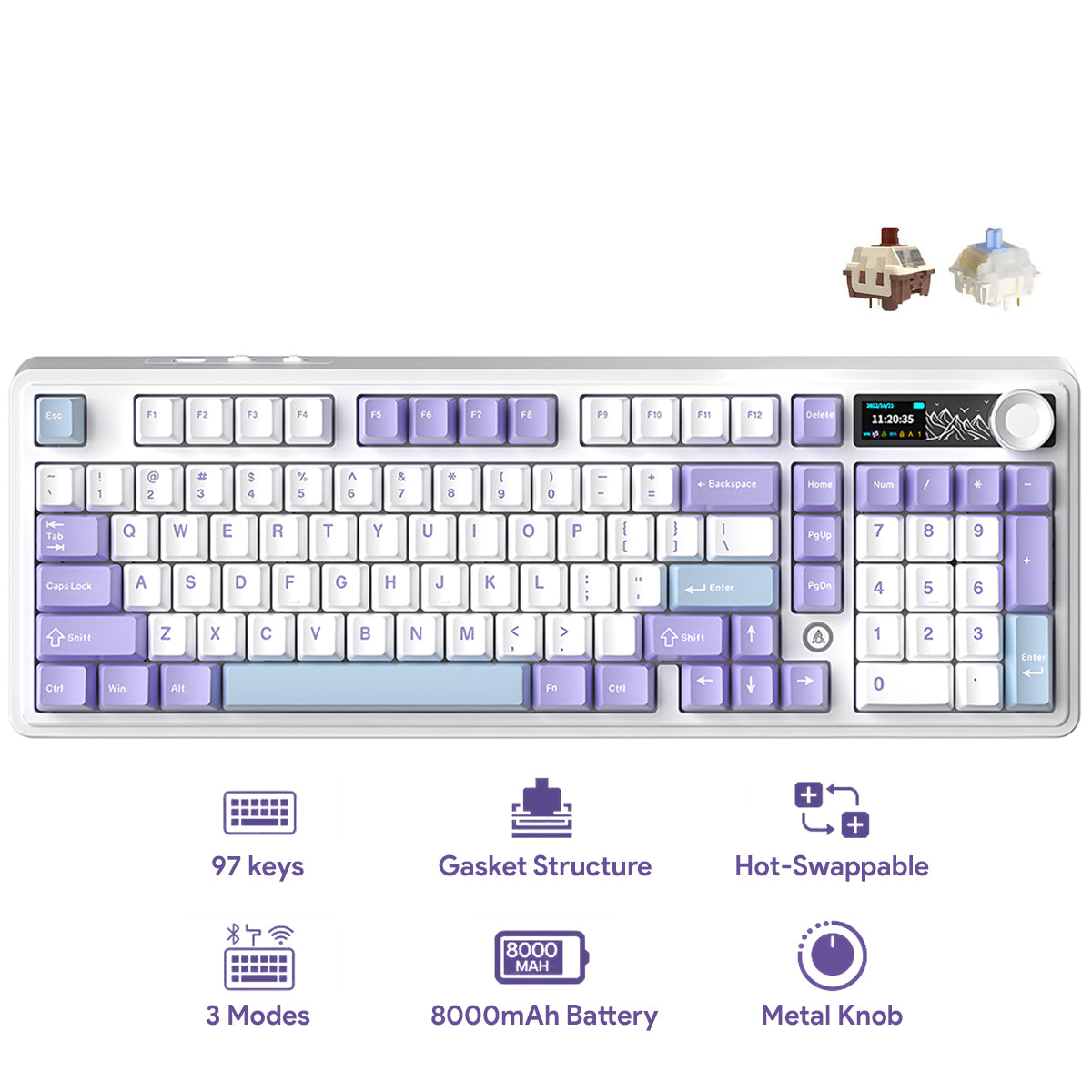Ajazz AK980 RGB Tri-Mode 98% 97-Keys Gasket-Mounted Hot-Swappable Mechanical Keyboard with 1.14" TFT Display Screen & Knob (Purple/White/Blue) (Maillard Switch, Gift Switch V2)
