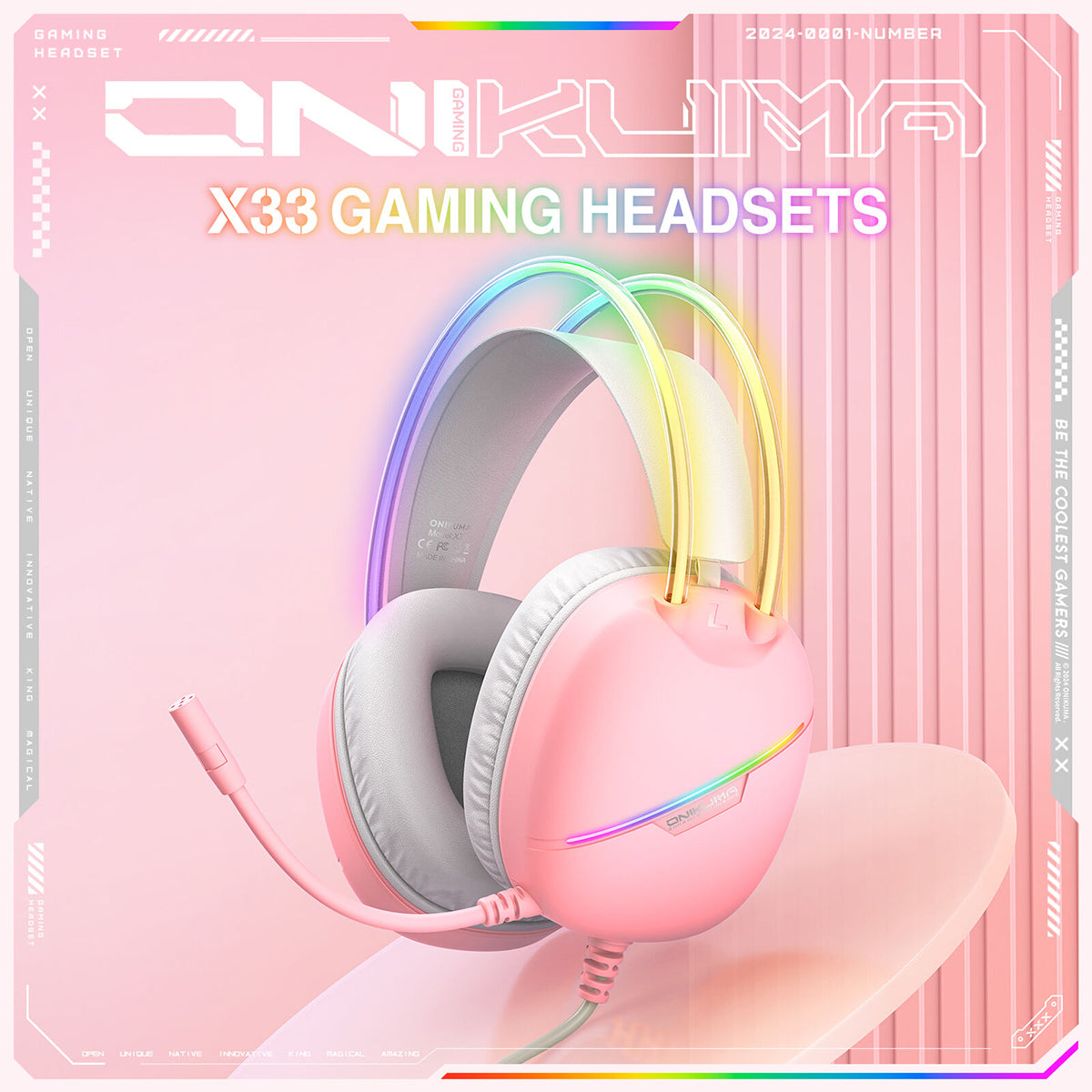 Onikuma X33 RGB Wired Gaming Headset with Noise Cancelling Microphone (Black, Pink)