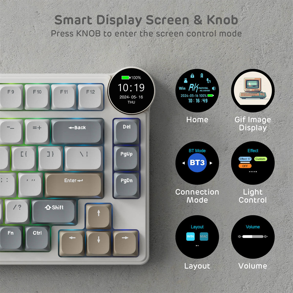 Royal Kludge RK N80 Tri-Mode RGB 80 Keys Hot Swappable Mechanical Keyboard Pearly Dawn