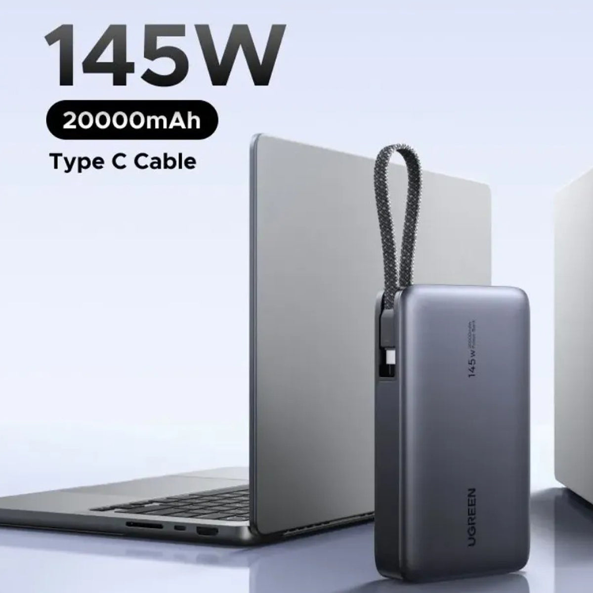 Ugreen 20000mAh 145W Power Bank with Built-in Cable (Space Grey) (PB551/55992B)
