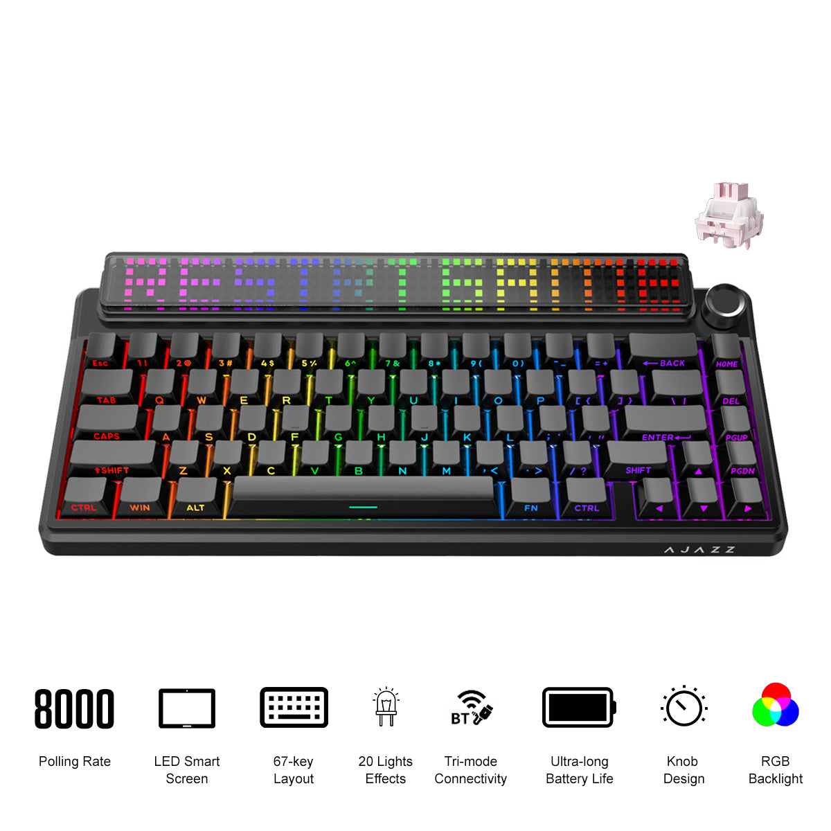 Ajazz Pixel68 Dot Matrix Large Screen RGB Tri-Mode Mechanical Keyboard (Black) (White Peach Switch)