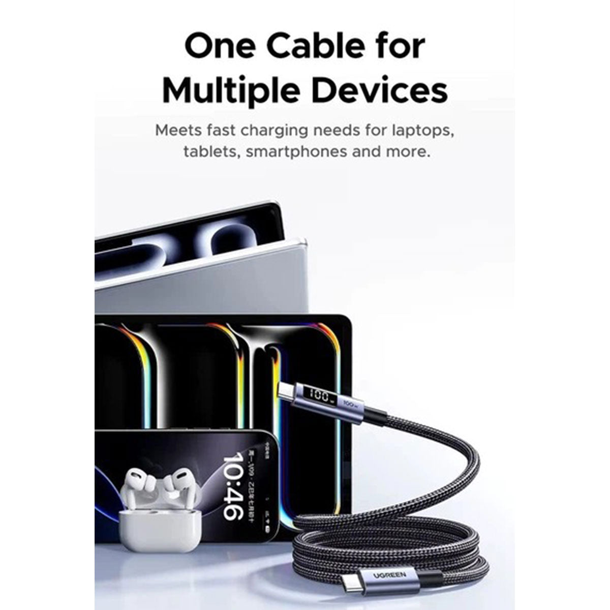 Ugreen USB-C to USB-C PD Fast Charging Cable with LED Display - (Black)
