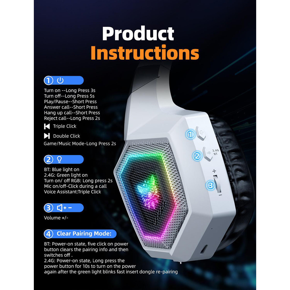 Onikuma GT806 RGB Tri-Mode Gaming Headset with Microphone (Black, White)