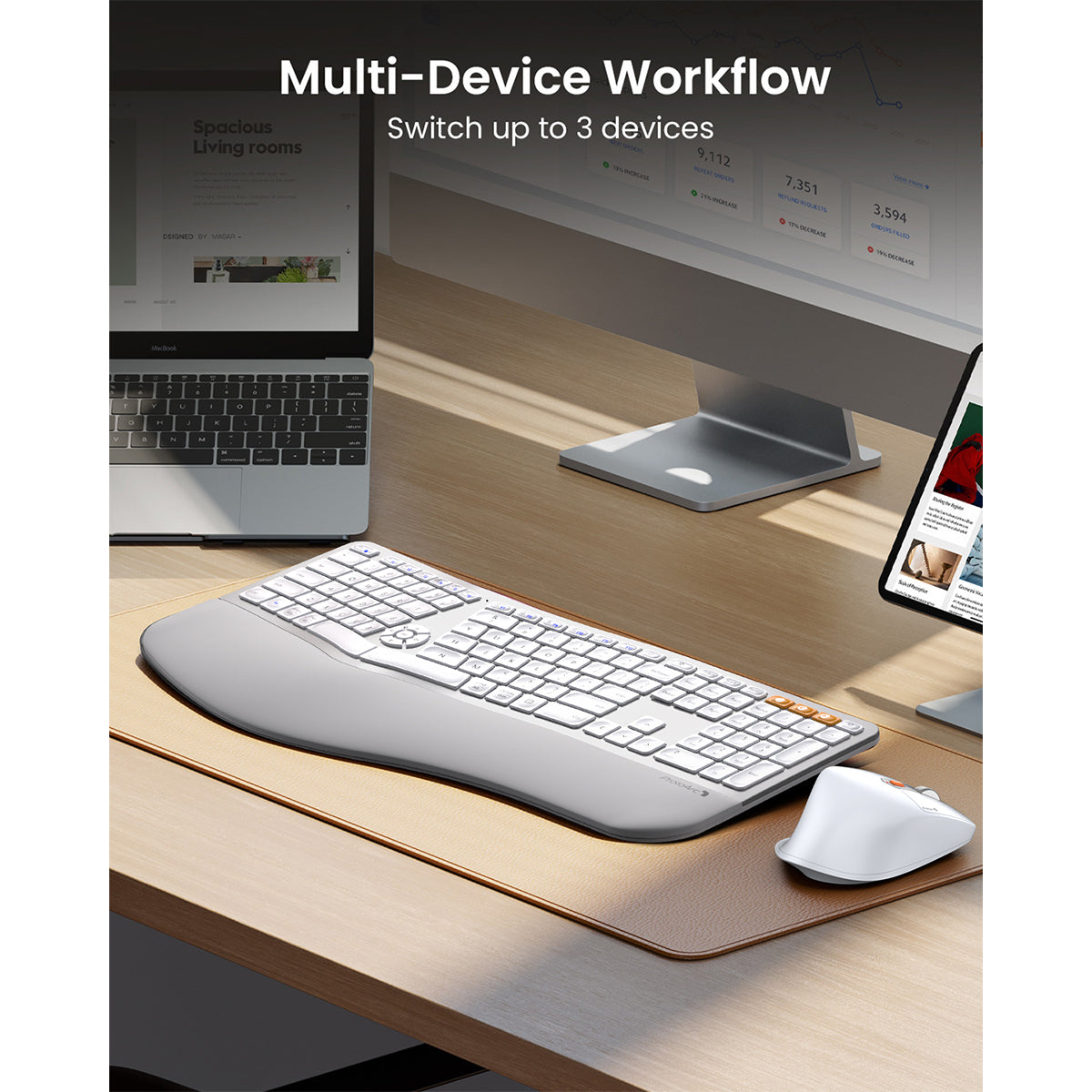ProtoArc EKM01 Plus Dual Mode Full Size Ergonomic Keyboard Mouse Combo (White/Silver) (CP015758)