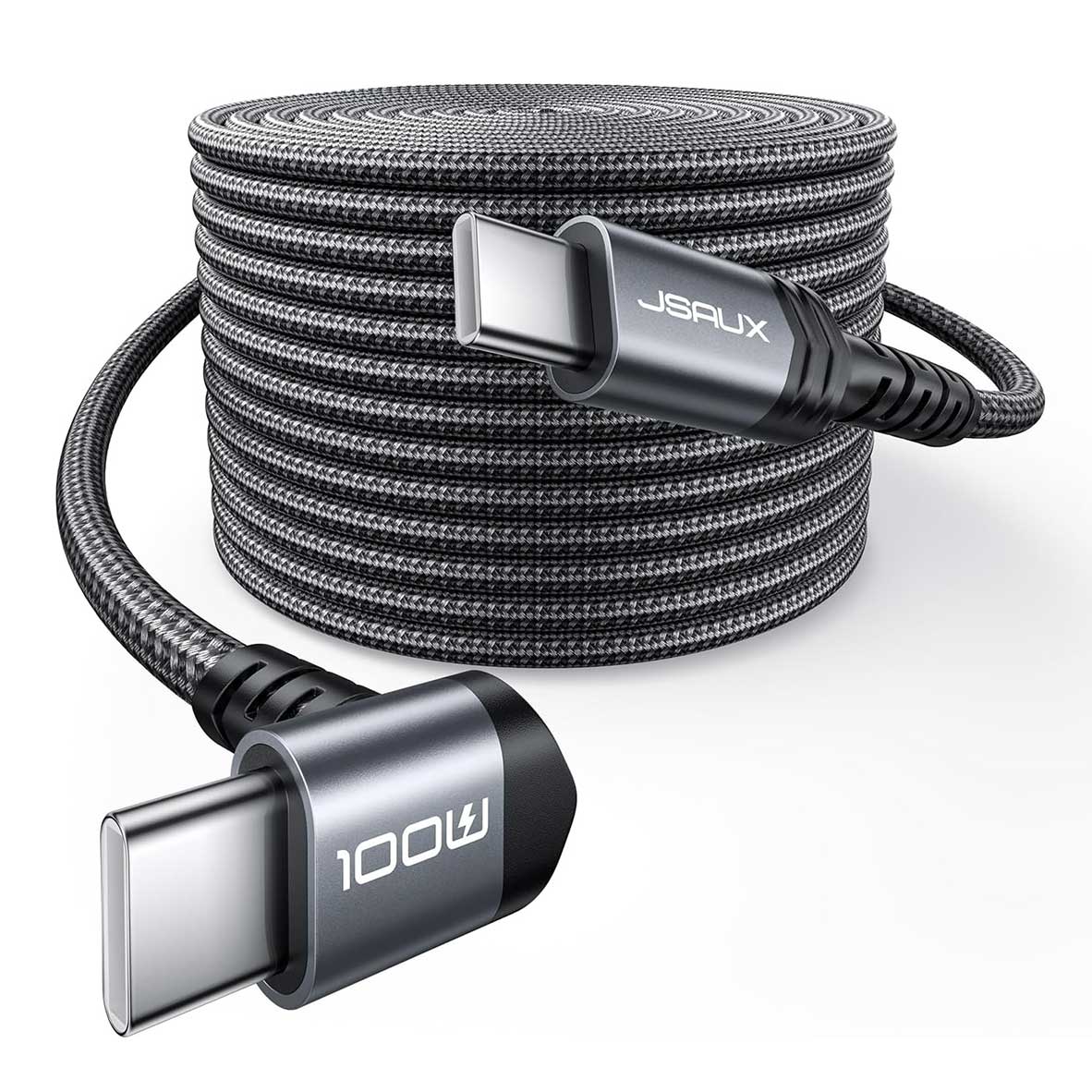 JSAUX Side Right Angle 100W USB-C to USB-C Braided Nylon Cable 10ft (Grey) (CC0034A)