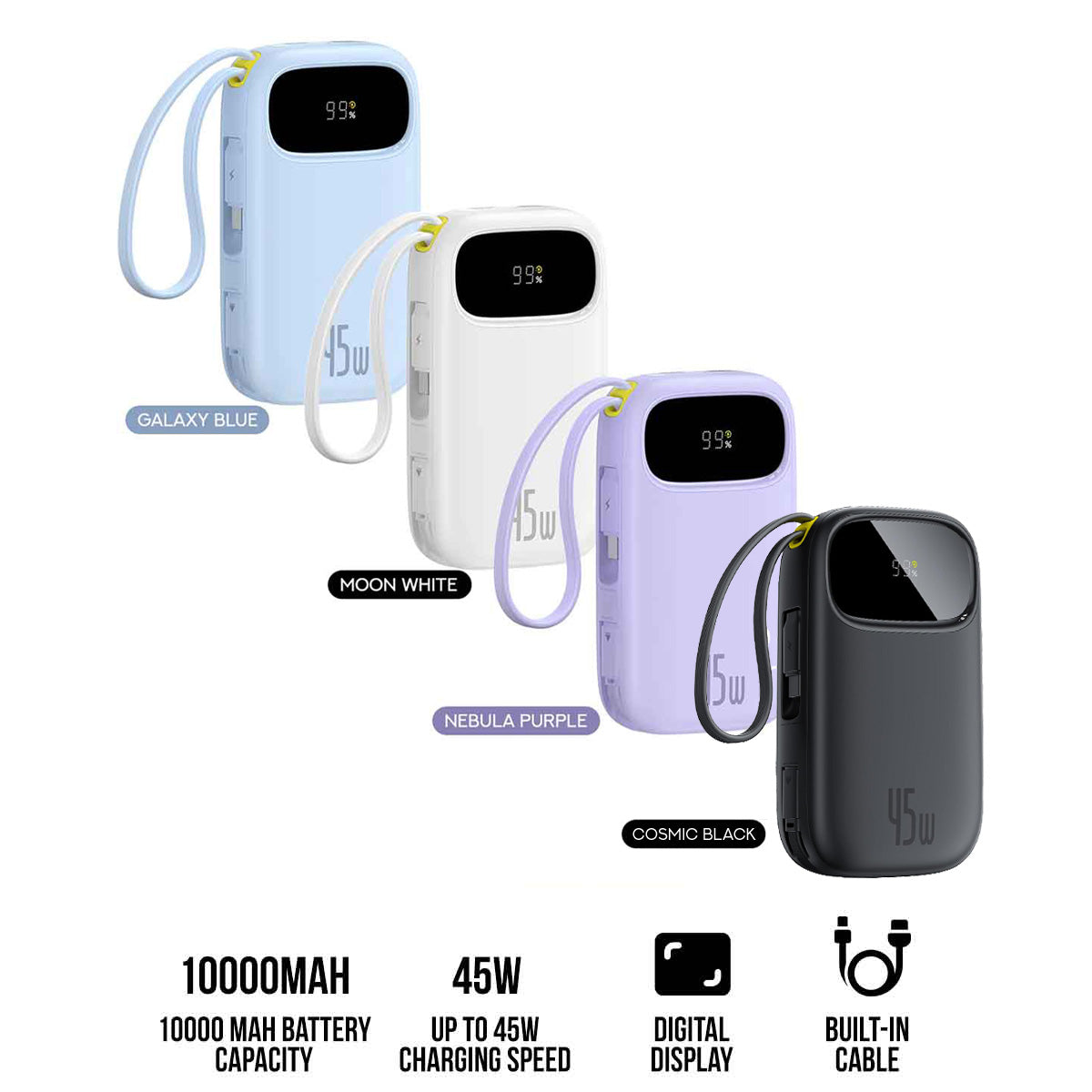 Baseus QPow 3 Digital Display Fast-Charging Power Bank with 2 Built-in USB-C Cable 10000mAh 45W