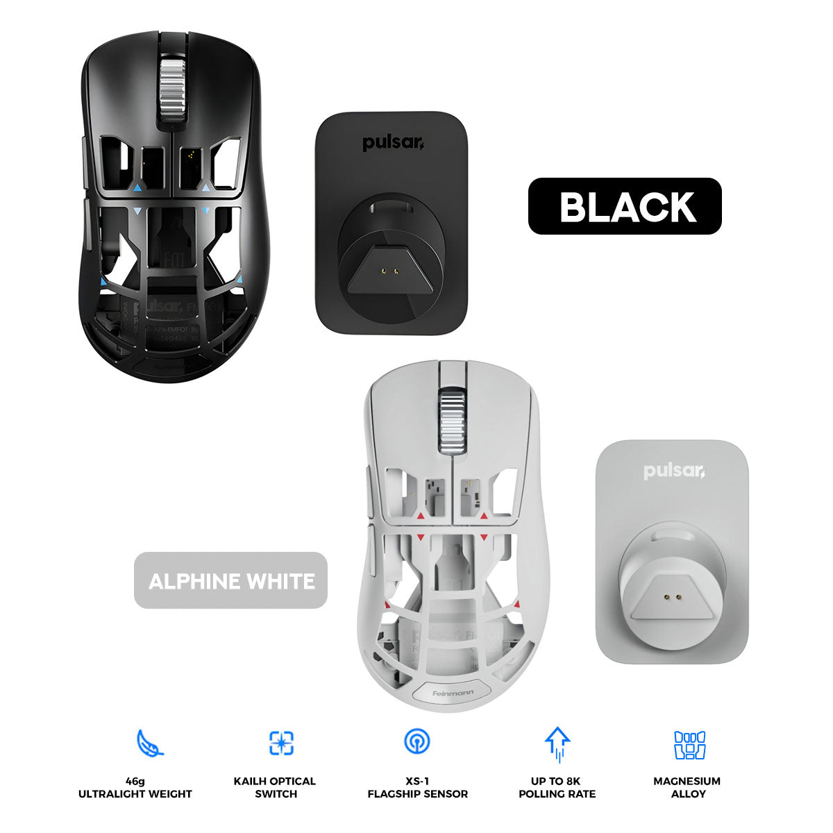 Pulsar Feinmann F01 Ultralightweight Magnesium Alloy Wireless Gaming Mouse (Black, Alpine White) (FMF01, FMF02)