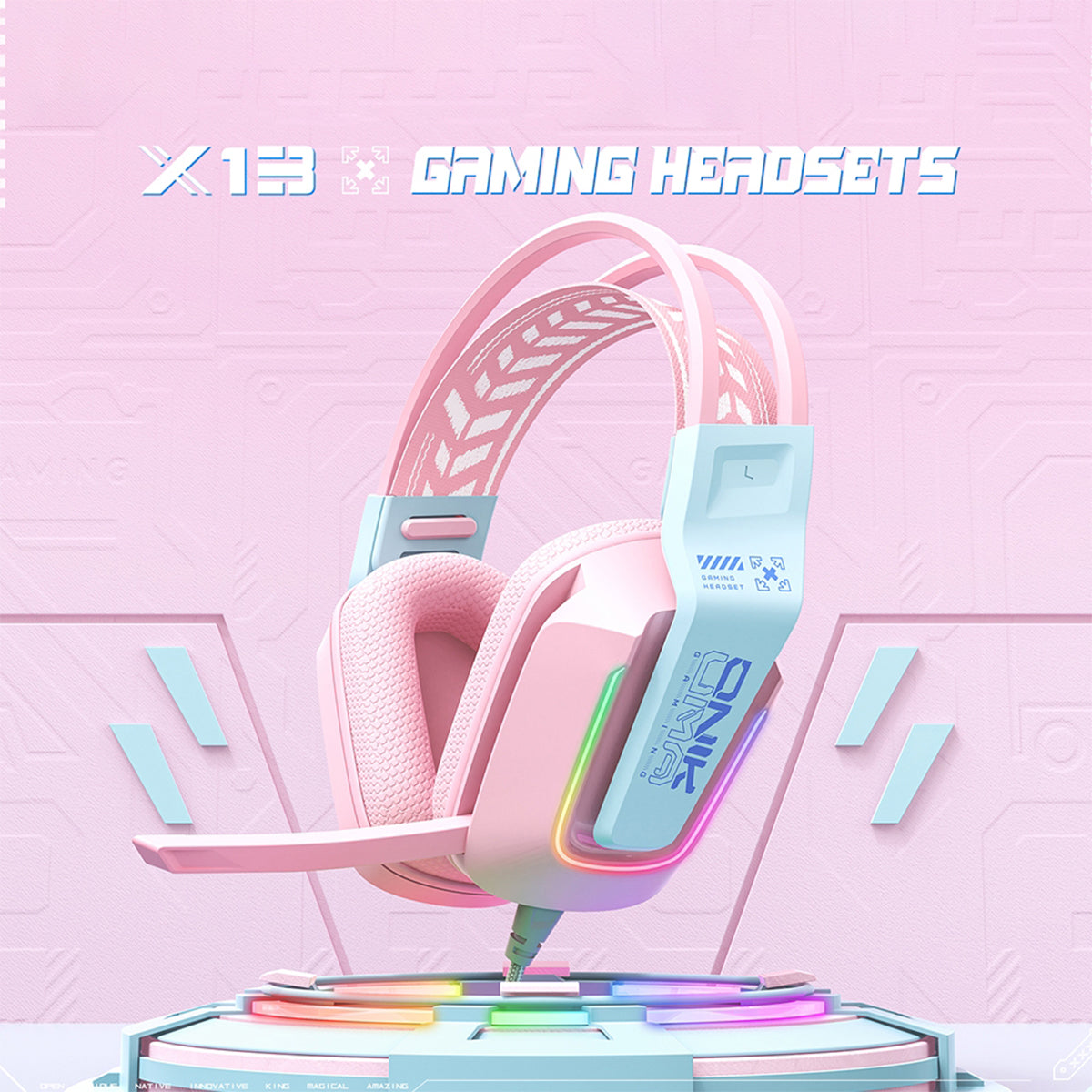 Onikuma X13 RGB Colorful Lighting Wired Gaming Headset with Noise Cancelling Microphone (Pink)