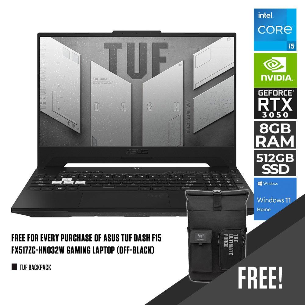 ASUS TUF Dash F15 FX517ZC-HN032W Gaming Laptop (Off-Black) | 15.6" FHD | i5-12450H | 8GB DDR5 | 512 SSD | RTX 3050 | Windows 11 Home + TUF Gaming Backpack - DataBlitz