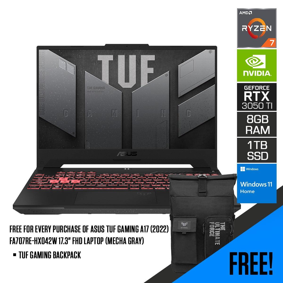 ASUS TUF Gaming A17 (2022) FA707RE-HX042W Laptop (Mecha Gray | 17.3” FHD | Ryzen 7 6800H | 8GB DDR5 | 1TB SSD | RTX 3050 Ti | Windows 11 Home | TUF Gaming Backpack - DataBlitz