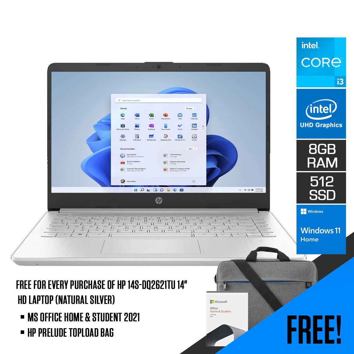 HP 14S-DQ2621TU Laptop (Natural Silver) | 14" HD | i3-1115G4 | 8 GB DDR4 | 512 GB SSD | UHD Graphics | Windows 11 Home | MS Office Home & Student 2021 | HP Prelude 15.6” Topload Bag - DataBlitz