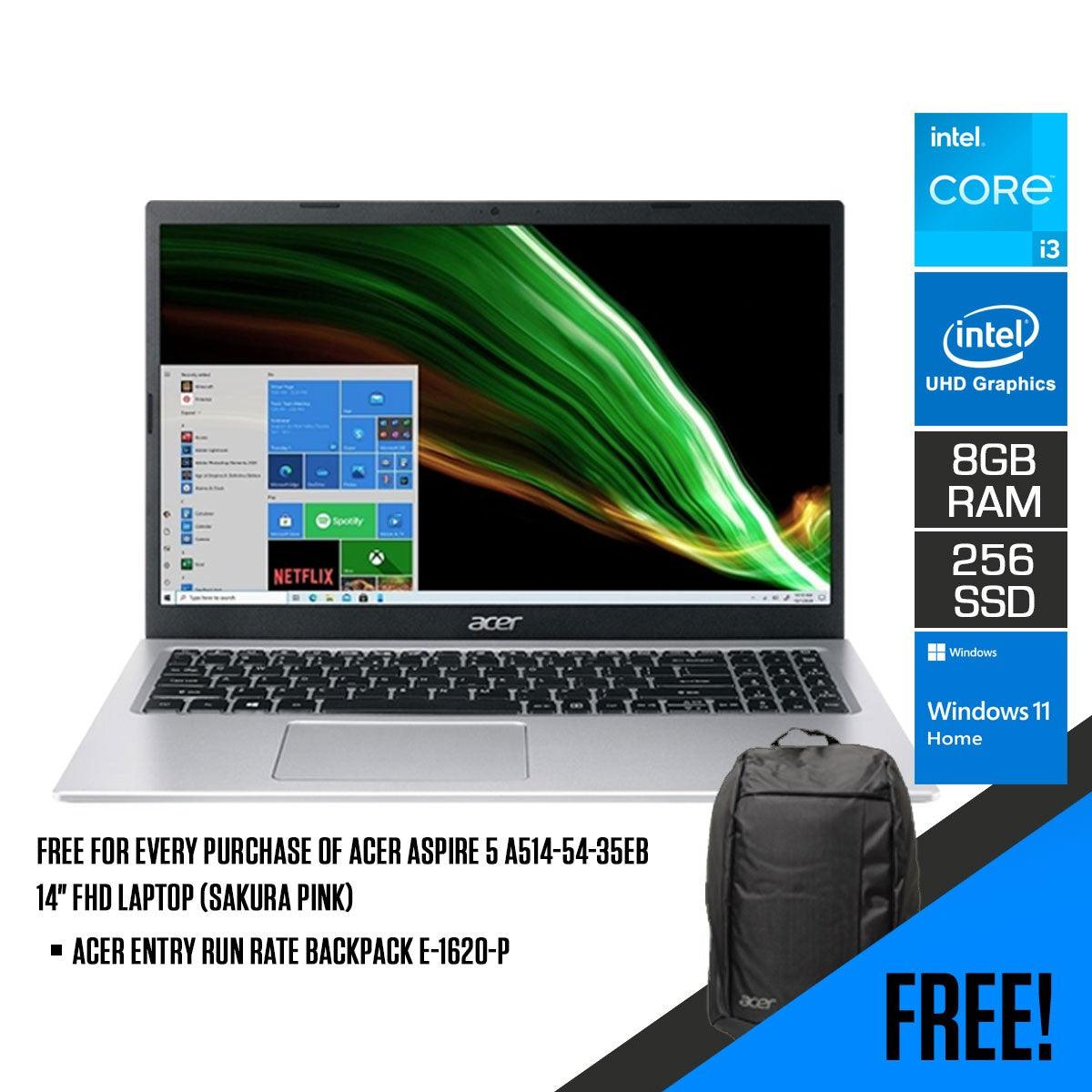 ACER Aspire 5 A514-54-35EB Laptop (Sakura Pink) | 14" UHD | Intel Core™ i3 | 8 GB DDR4 | 256GB SSD | Intel® UHD Graphics | Windows 11 Home | Acer Entry Run Rate Backpack E-1620-P (LZBPKM6B12) - DataBlitz