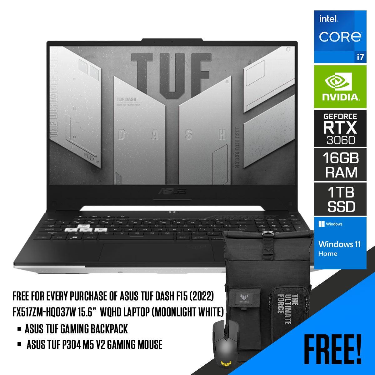 ASUS TUF Dash F15 (2022) FX517ZM-HQ037W Laptop (Moonlight White) | 15.6” WQHD | i7-12650H | 16GB DDR5 | 1TB SSD | RTX™ 3060 | TUF Gaming Backpack | ASUS TUF P304 M5 V2 Gaming Mouse - DataBlitz