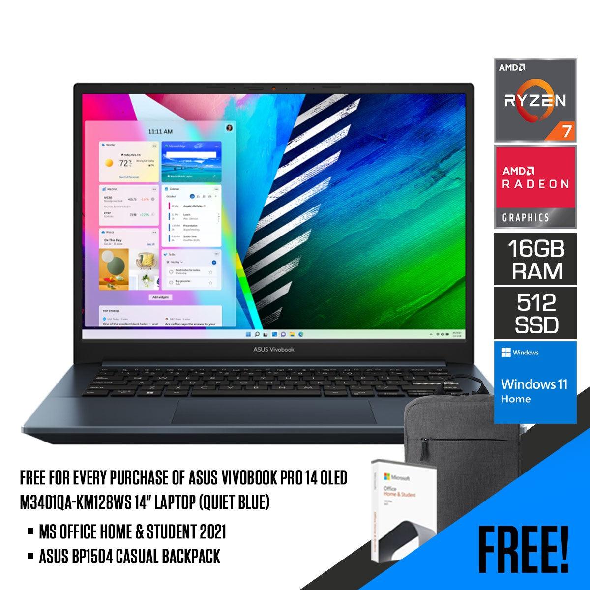 ASUS Vivobook Pro 14 OLED M3401QA-KM128WS Laptop (Quiet Blue) | 14" OLED | Ryzen™ 7 5800H | 512GB SSD | AMD Radeon™ Graphics | Windows 11 Home | MS Office Home & Student 2021 | ASUS BP1504 Casual Backpack - DataBlitz