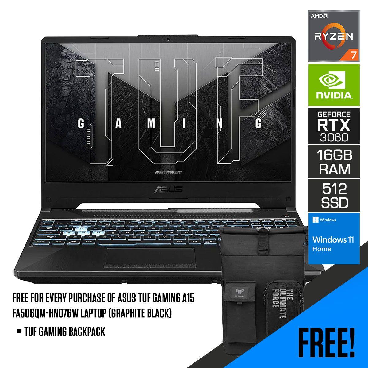 ASUS TUF Gaming A15 FA506QM-HN076W Laptop (Graphite Black) | 15.6” FHD | AMD Ryzen™ 7 5800H | 16GB DDR4 | 512GB SSD | RTX™ 3060 | Windows 11 Home | TUF Gaming Backpack - DataBlitz