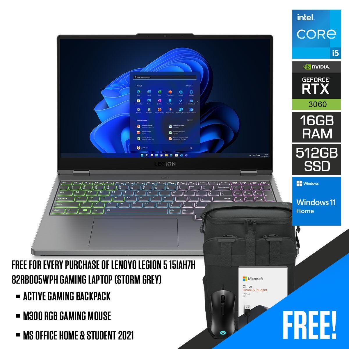Lenovo Legion 5 15IAH7H 82RB005WPH Gaming Laptop (Storm Grey) | 15.6” WQHD | i5-12500H | 16 GB DDR5 | 512 GB SSD | RTX 3060 | Windows 11 Home | MS Office H&S 2021 | M300 RGB Gaming Mouse | Active Gaming Backpack - DataBlitz