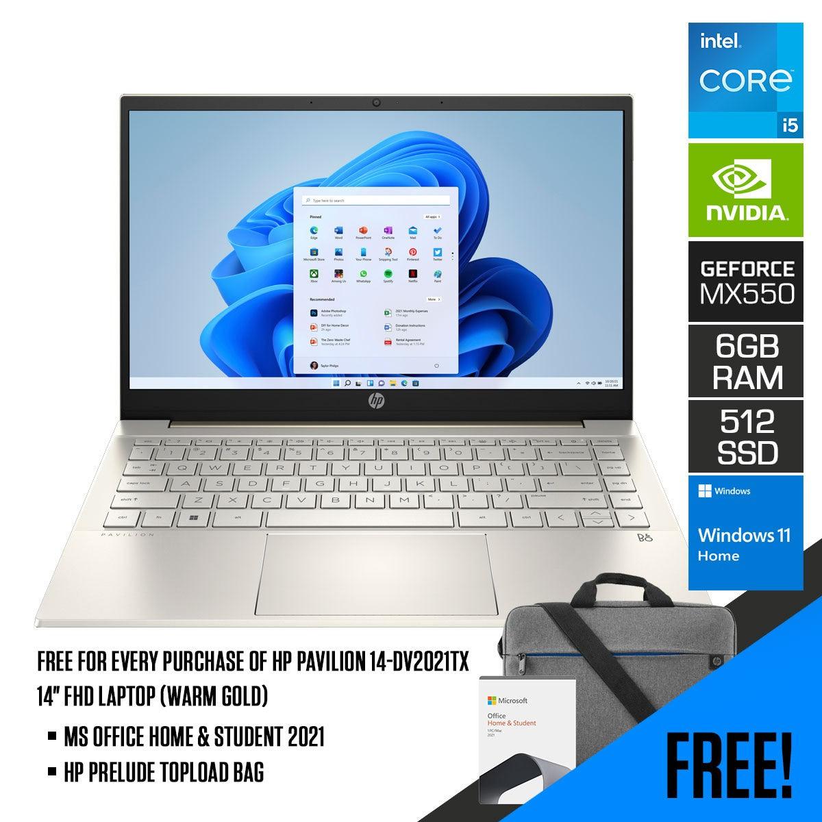 HP Pavilion 14-DV2021TX Laptop (Warm Gold) | 14" FHD | i5-1235U | 8 GB DDR4 | 512 GB SSD | MX550 | Windows 11 Home | MS Office Home & Student 2021 | HP Prelude 15.6” Topload Bag - DataBlitz