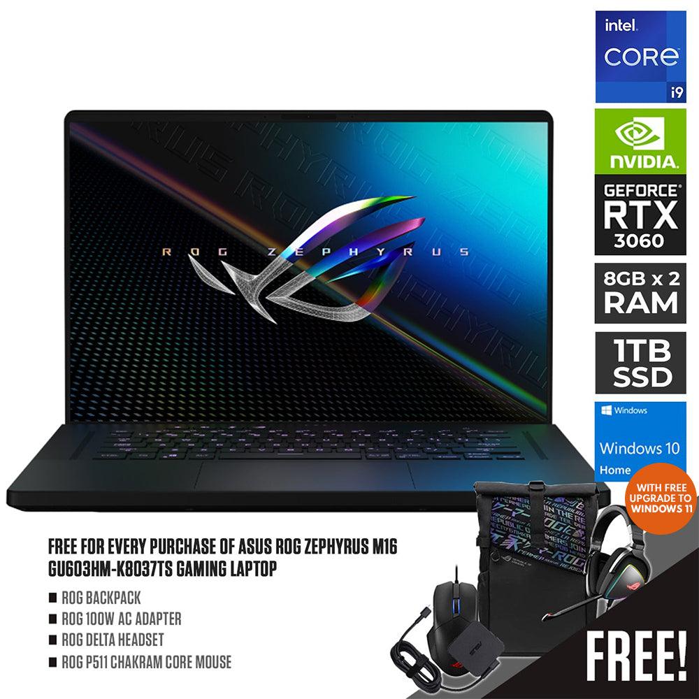 ASUS ROG ZEPHYRUS M16 GU603HM-K8037TS GAMING LAPTOP | 16" WQXGA | i9-11900H | 16GB DDR4 | 1TB SSD | RTX 3060 | WIN10 + P511 CHAKRAM MOUSE+100W AC ADAPTER+DELTA HEADSET+ROG BACKPACK - DataBlitz