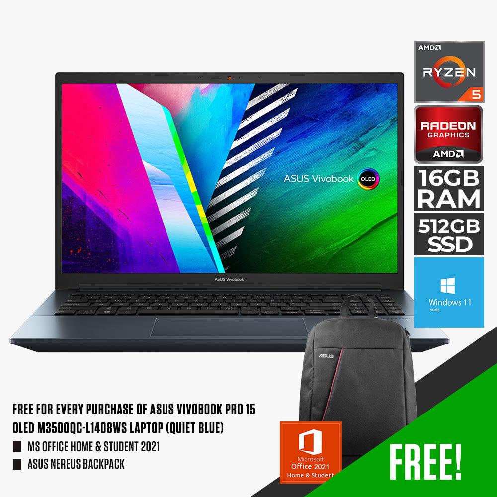 ASUS VIVOBOOK PRO 15 OLED M3500QC-L1408WS LAPTOP (QUIET BLUE) | 15.6" FHD | RYZEN™ 5 5600H | 16GB DDR4 | 512GB SSD | AMD RADEON | WIN 11 + MS OFFICE HOME & STUDENT 2021 W/ ASUS NEREUS BACKPACK - DataBlitz