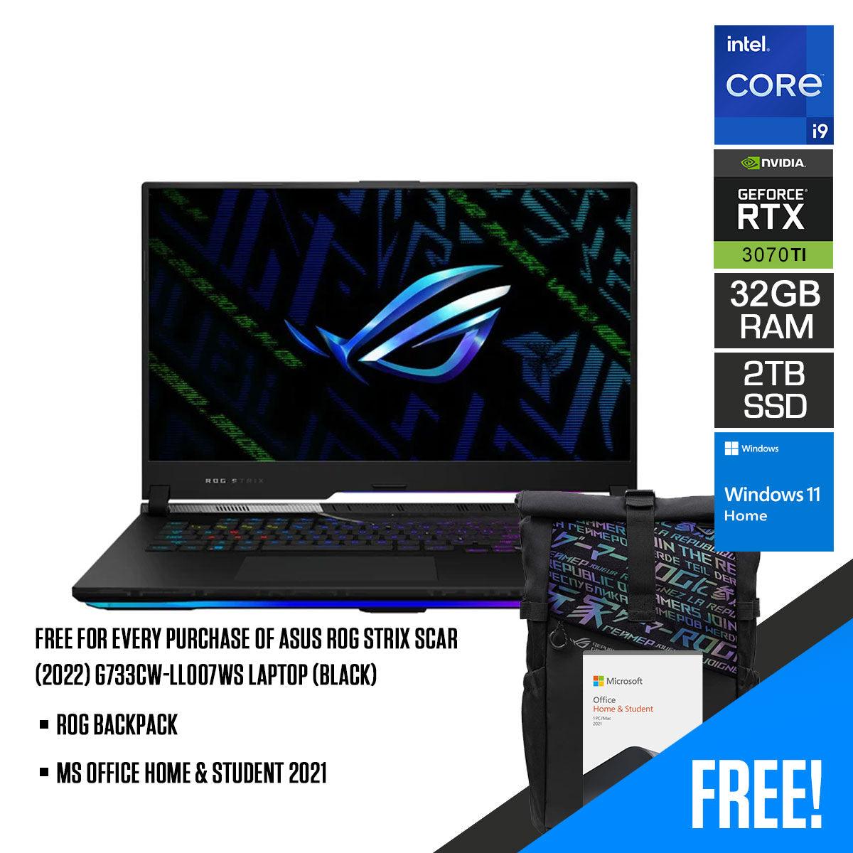 Asus ROG Strix Scar (2022) G733CW-LL007WS Laptop (Black) | 17" WQHD | i9-12950HX | 32GB RAM | 2TB M.2 SSD | RTX 3070 Ti | Windows 11 Home | MS Office Home & Student 2021 | ROG Backpack - DataBlitz