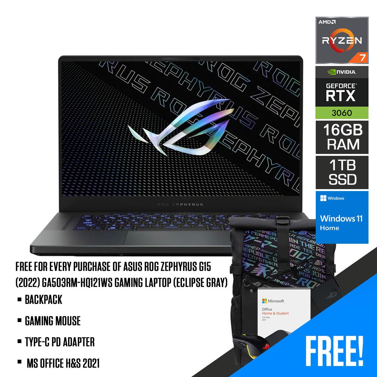 ASUS ROG Zephyrus G15 (2022) GA503RM-HQ121WS Gaming Laptop (Eclipse Gray) | 15.6" WQHD | Ryzen™ 7 6800HS | 16GB DDR5 | 1TB SSD | RTX™ 3060 | Windows 11 Home | MS Office H&S 2021 | Backpack | Gaming Mouse | Type-C PD Adapter - DataBlitz