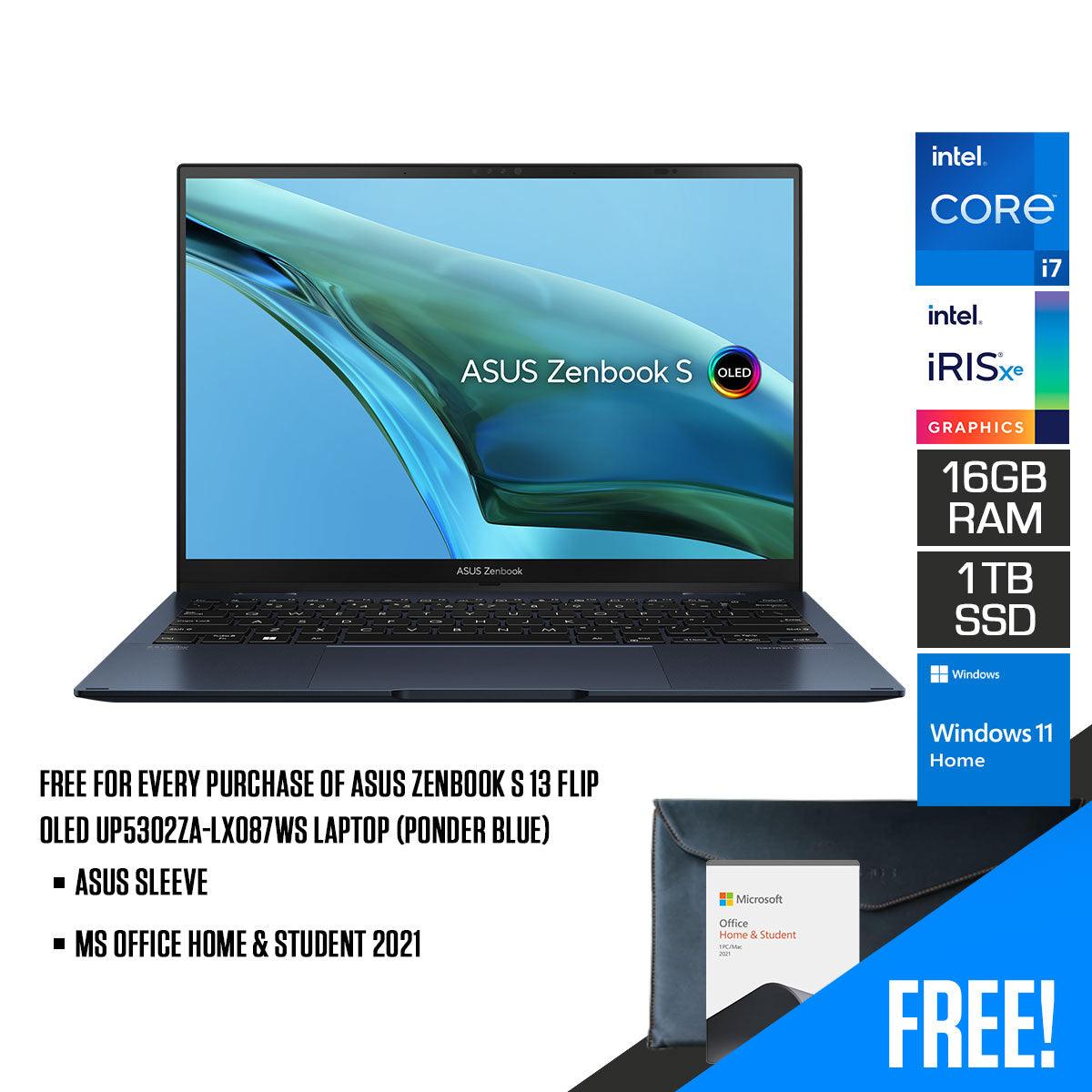 Asus Zenbook S 13 Flip Oled UP5302ZA-LX087WS Laptop (Ponder Blue) | 13.3" WQXGA | i7-1260P | 16GB LPDDR5 | 1TB SSD | Intel® Iris Xe Graphics | Windows 11 Home | MS Office H&S 2021 | Asus Sleeve - DataBlitz
