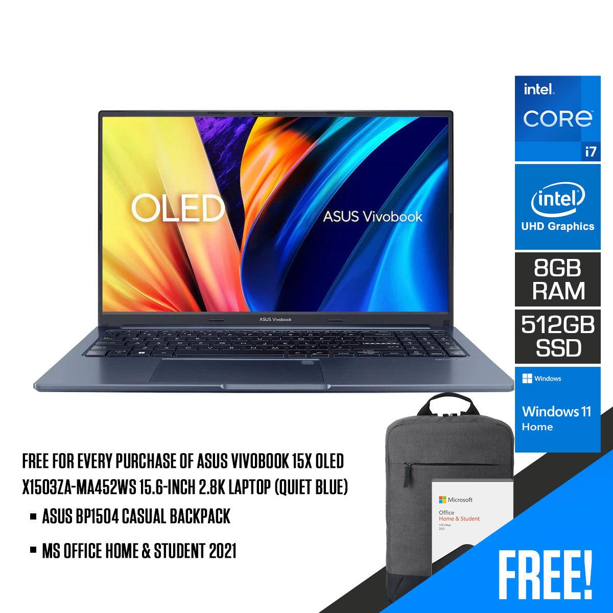 Asus Vivobook 15X OLED X1503ZA-MA452WS 15.6-INCH 2.8K Laptop (Quiet Blue) | 15.6" OLED | i7-12700H | 8GB DDR4 | 512GB SSD | Intel UHD | Windows 11 | MS Office Home & Student 2021 + Asus BP1504 Casual Backpack - DataBlitz