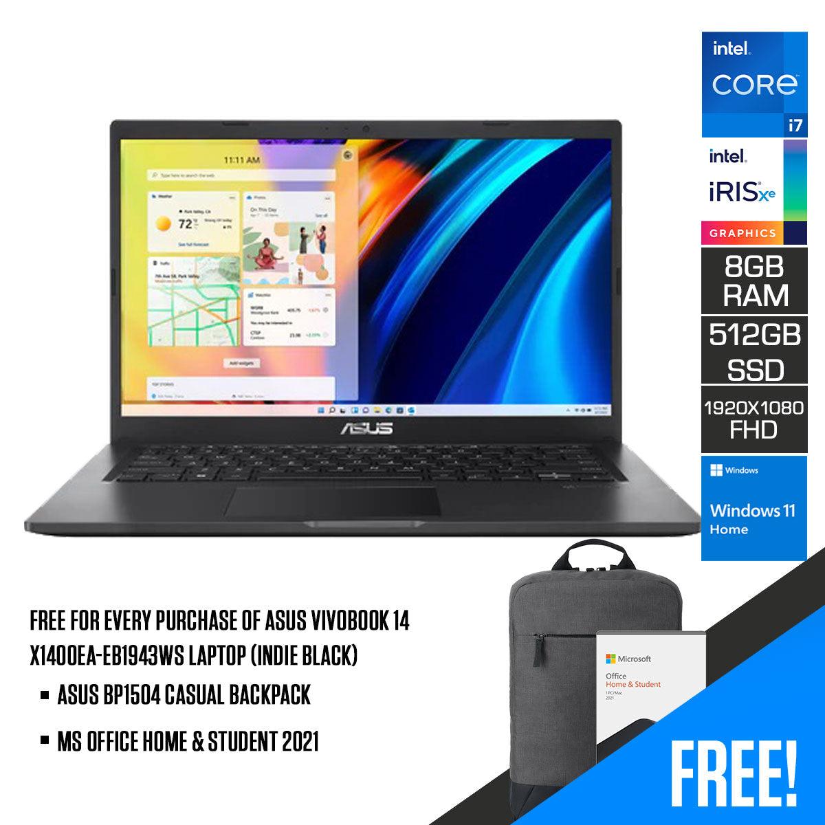 Asus Vivobook 14 X1400EA-EB1943WS Laptop (Indie Black) | 14” (1920 x 1080) FHD | i7-1165G7 | 8GB RAM | 512GB SSD | Intel Iris Xᵉ Graphics | Windows 11 Home | MS Office Home & Student 2021 | Asus BP1504 Casual Backpack - DataBlitz
