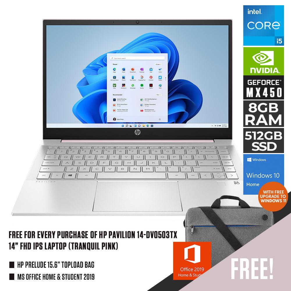 HP PAVILION 14-DV0503TX (TRANQUIL PINK) LAPTOP | 14” FHD IPS | i5-1135G7 | 8 GB DDR4-3200 | 512 GB PCIe NVMe | GeForce MX450 | WIN10 + MS OFFICE HOME & STUDENT HP PRELUDE 15.6" TOPLOAD BAG - DataBlitz