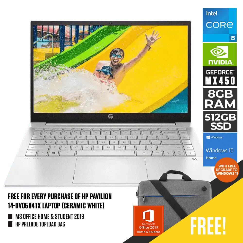 HP PAVILION 14-DV0504TX LAPTOP (CERAMIC WHITE) | 14" FHD | i5-1135G7 | 8GB DDR4 | 512GB SSD | MX450 | WIN10 + MS OFFICE HOME & STUDENT W/ HP PRELUDE TOPLOAD BAG - DataBlitz