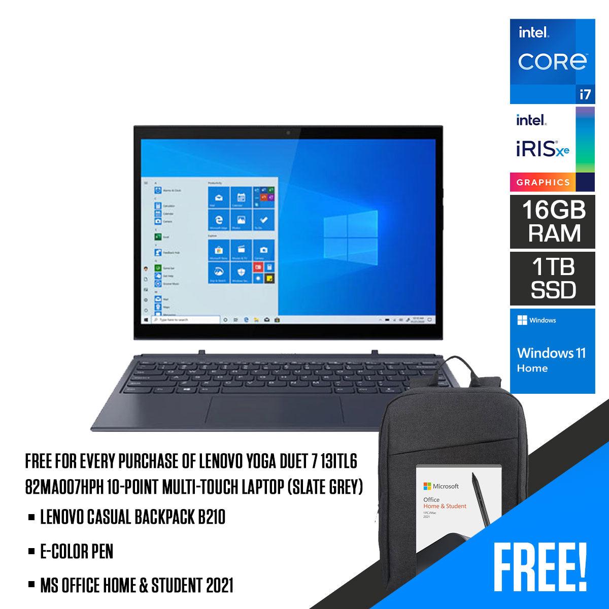 Lenovo Yoga Duet 7 13ITL6 82MA007HPH 10-Point Multi-Touch Laptop (Slate Grey) | 13” 2K | i7-1165G7 | 16 GB DDR4 | 1 TB SSD | Iris Xe Graphics | Windows 11 Home | MS Office H&S 2021 | E-Color Pen | Lenovo Backpack B210 - DataBlitz