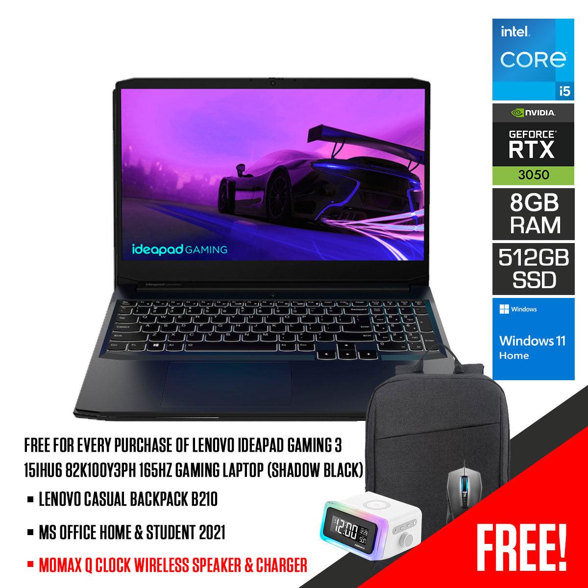 LENOVO IDEAPAD GAMING 3 15IHU6 82K100Y3PH 165HZ GAMING LAPTOP (SHADOW BLACK) | 15.6" FHD | i5-11320H | 8GB DDR4 | 512GB SSD | RTX 3050 | WIN11 + M100 RGB GAMING MOUSE + CASUAL BACKPACK B210 - DataBlitz