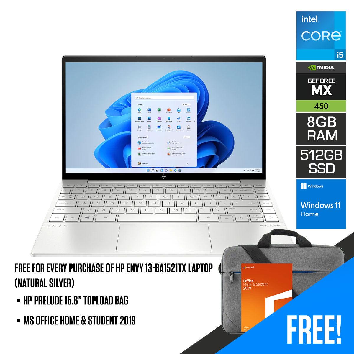 HP Envy 13-BA1521TX Laptop (Natural Silver) | 13.3” FHD | i5-1135G7 | 8 GB RAM DDR4 | 512 GB SSD | MX450 | Windows 11 | MS Office Home & Student 2019 | HP Prelude 15.6” Topload Bag - DataBlitz