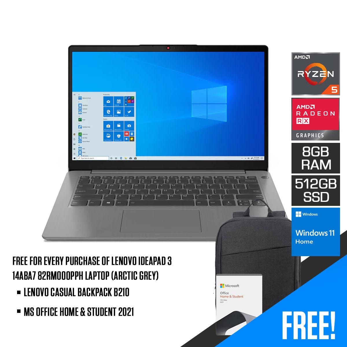 Lenovo Ideapad 3 14ABA7 82RM000PPH Laptop (Arctic Grey) | 14” FHD | Ryzen 5 5625U | 8GB RAM | 512 GB SSD | AMD Radeon Graphics | Windows 11 Home | MS Office Home & Student 2021 | Lenovo Casual Backpack B210 - DataBlitz