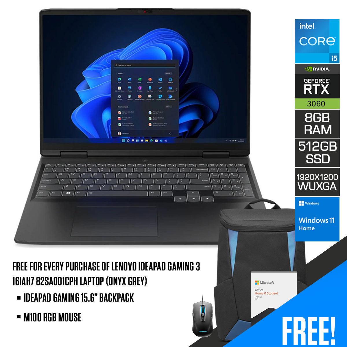 Lenovo Ideapad Gaming 3 16IAH7 82SA001CPH Laptop (Onyx Grey) | 16” WUXGA | i5-12500H | RTX 3060 | 8GB RAM DDR4 | 512 GB SSD | Windows 11 Home | MS Office H&S 2021 | M100 RGB Mouse | Ideapad Gaming 15.6” Backpack - DataBlitz