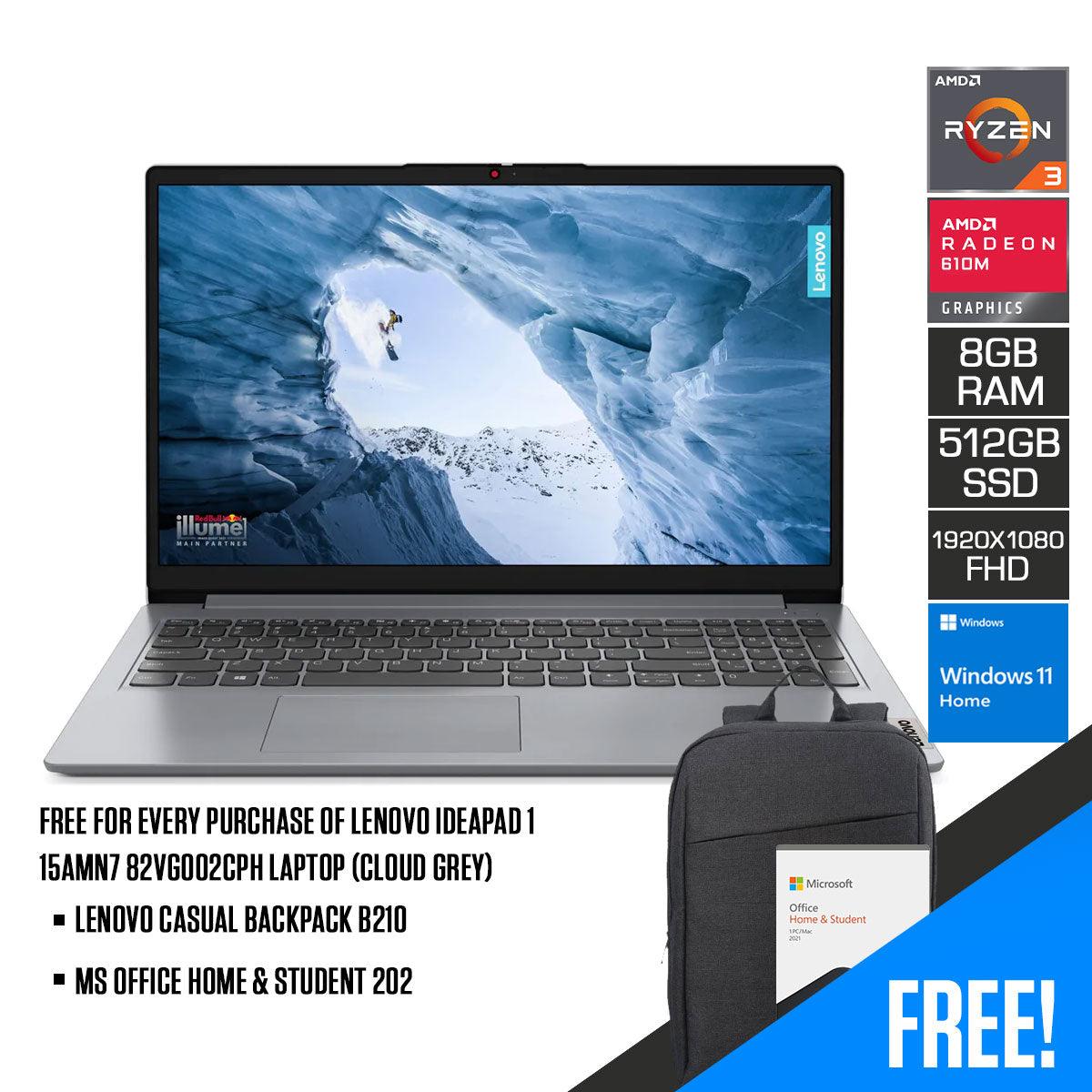 Lenovo Ideapad 1 15AMN7 82VG002CPH Laptop (Cloud Grey) | 15.6" FHD (1920 x 1080) | Ryzen 3 7320U | 8GB RAM | 512 SSD | AMD Radeon Graphics | Windows 11 Home | MS Office Home & Student 2021 | Lenovo Casual Backpack B210 - DataBlitz