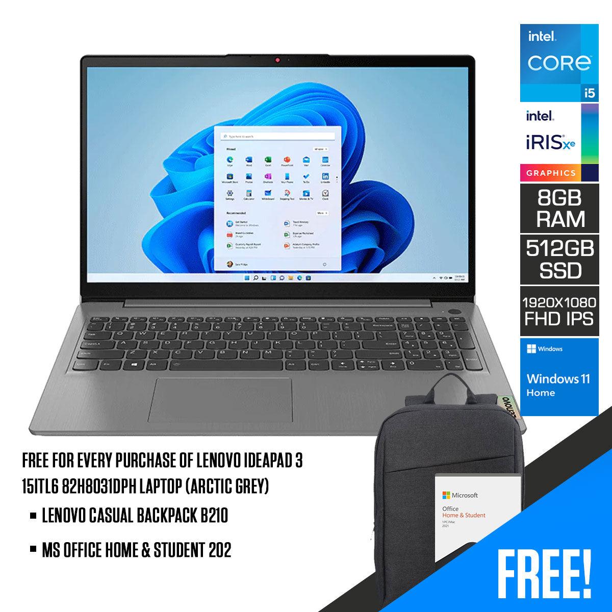 Lenovo Ideapad 3 15ITL6 82H8031DPH Laptop (Arctic Grey) | 15.6" FHD (1920 x 1080) | i5 1155G7 | 8GB RAM | 512 GB SSD | Intel Iris Xe | Windows 11 Home | MS Office Home & Student 2021 | Lenovo Casual Backpack B210 - DataBlitz